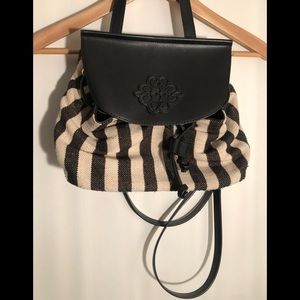 ✨SUMMER CHIC BOHO LINEN BLACK AND CREAM STRIPED BACKPACK PURSE BEACH BAG